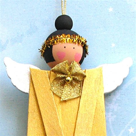 Gold Popsicle Stick Angel With Black Hair Christmas Ornament