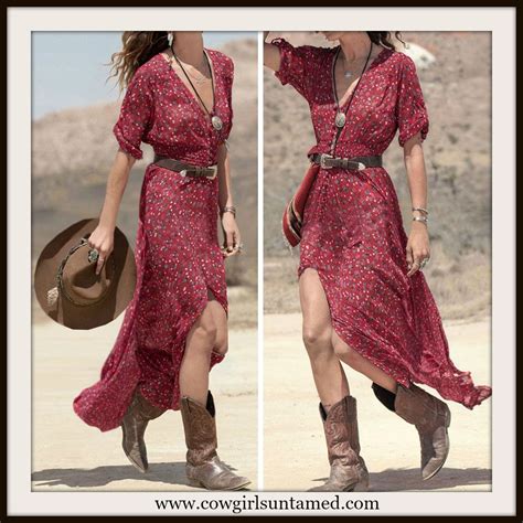 Western Cowgirl Dress Red Floral Button Front Maxi Dress Dresses With