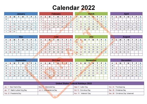 2022 Calendar Printable With Federal Holidays Yearly Etsy