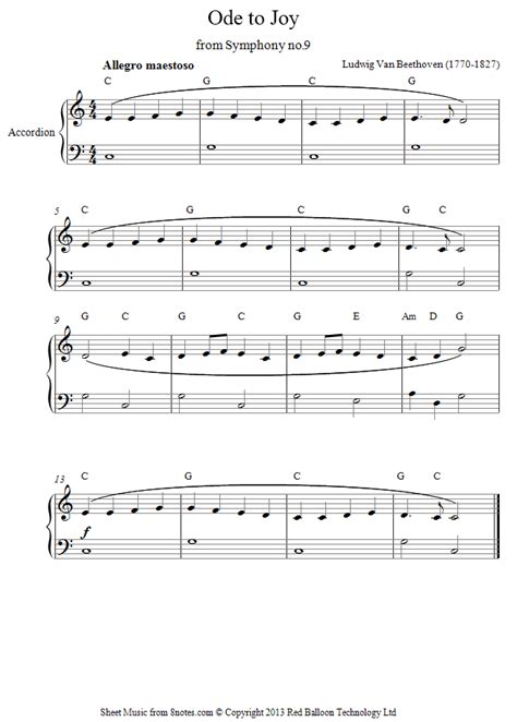 Beethoven Ode To Joy Beginners Sheet Music For Accordion Sheet