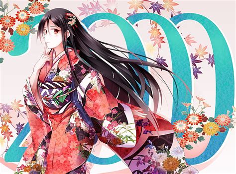 Hd Wallpaper Anime Girl Kimono Black Hair Profile View Flowers
