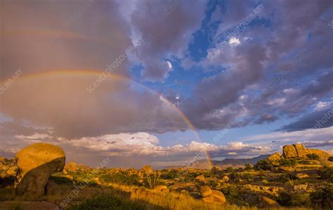 Storm Clouds And Rainbow Over Texas Canyon Arizona Usa Stock Image