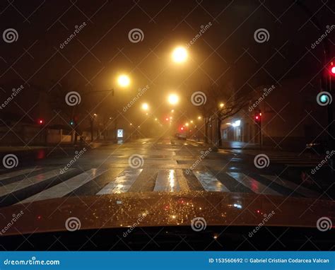 Foggy Night With Blurred Street Lights Stock Photo Image Of Evening