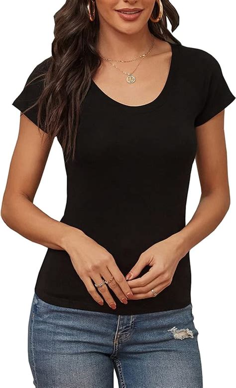 Women S Scoop Neck Slim Fitted Short Sleeve T Shirt Stretchy Plain