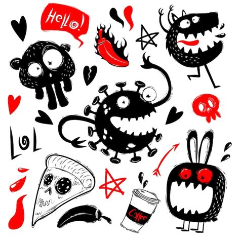 Premium Vector Funny Doodles With Monsters Set