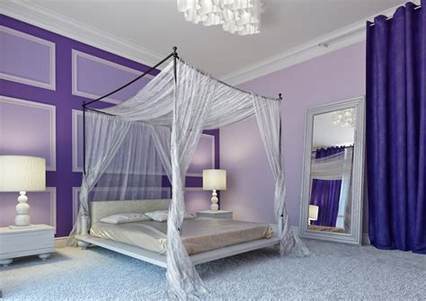 The canopy bed, the arched window treatment and hanging chandelier make the room magical for a child. 25 Purple Bedroom Designs and Decor - Designing Idea
