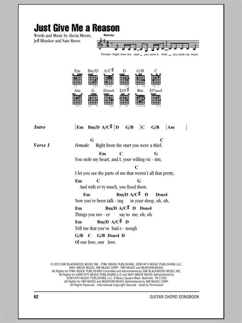 Right from the start you were a thief you stole my heart, and i your willing victim. Just Give Me A Reason Sheet Music | Pink featuring Nate ...
