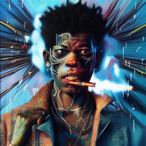 Adrianvaughan A Closeup Cyberpunk Official Portrait Of A Black Man Smoking A Cigaret Michel