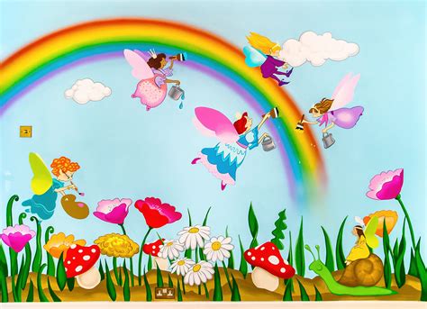 Kids wallpaper murals & children's wallpaper murals. Bright and Colourful Fairies Mural | Sacredart Murals