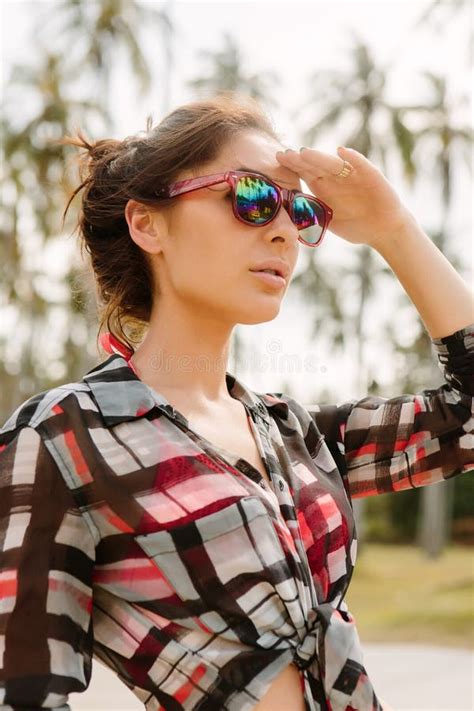 Pretty Girl In Sunglasses Posing To The Camera Stock Image Image Of