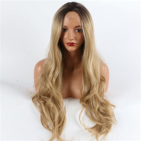 fantasy beauty long wavy ombre blonde lace front wig dark roots glueless synthetic