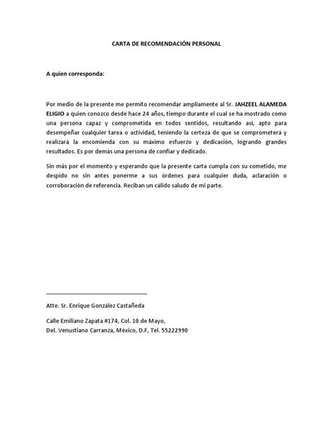 Carta De Recomendación Personal Jahzeel Pdf Militares De Mexico