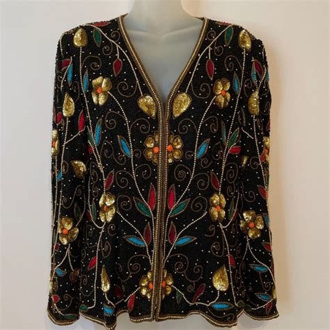 Vintage Beaded Jacket Stenay M Silk Ornate Black Gold Floral Etsy