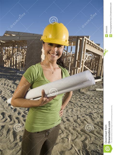 Happy Female Architect Holding Blueprint Stock Image Image Of