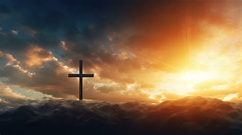 Empty Cross Of Jesus Christ Over Dramatic Sunrise Sky Panorama With