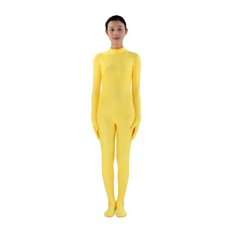 Yellow Adult Zentai Custom No Hood Mock Neck Second Skin Suits Lycra
