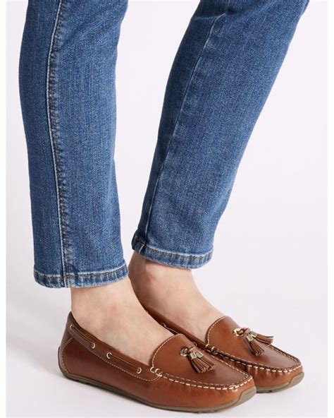 Marks And Spencer Wide Fit Leather Tassel Boat Shoes In Tan Brown