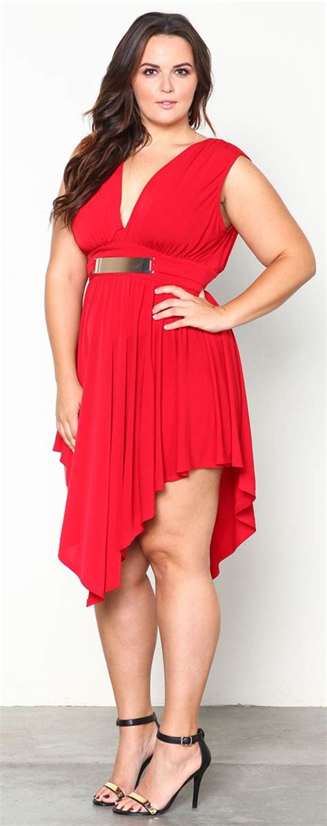 Graceful Plunging Neck Sleeveless Asymmetrical Plus Size Womens Dress Plus Size Red Dress