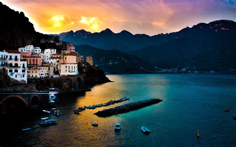 Tyrrhenian Sea Amalfi Italy Town Village Building Sunset Marina