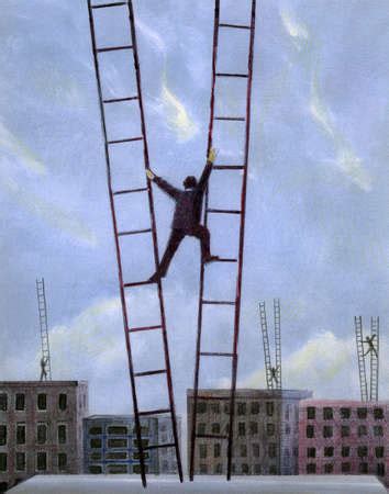 Stock Illustration Businessman On Rooftop Balancing On Ladders