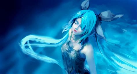 Aqua Hair Blue Deep Sea Girl Vocaloid Hatsune Miku Long Hair Twintails Underwater Vocaloid