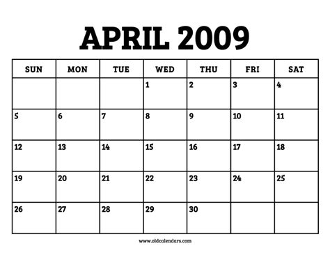 Calendar April 2009 Printable Old Calendars