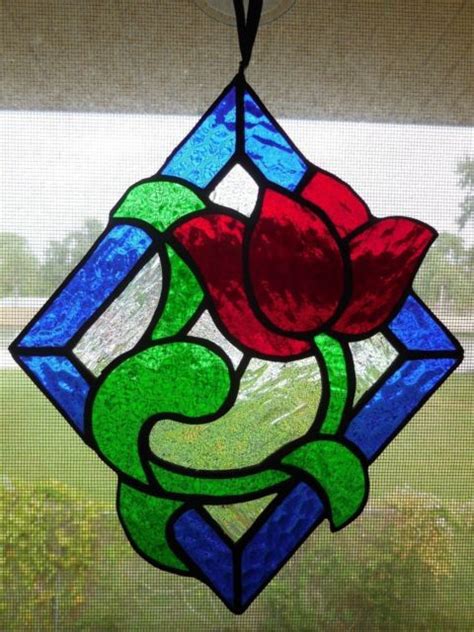 Handmade Diamond Flower Tulip Stained Glass Suncatcher Ebay Custom Stained Glass Faux Stained