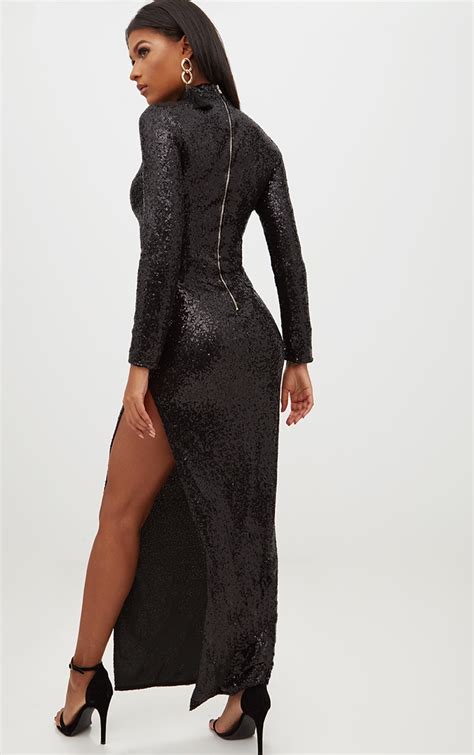 Black Sequin High Neck Long Sleeve Maxi Dress Prettylittlething Aus