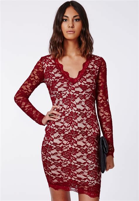 Missguided Cherry Lace Long Sleeve Plunge Neck Bodycon Dress Burgundy