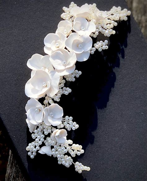 White Floral Hair Vine Romantic Floral Headpiece White Pearl Etsy Uk Bridal Floral Headpiece