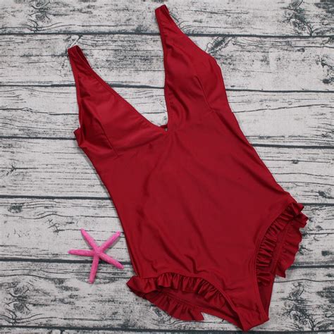 2018 Retro Sexy Deep V Neck Ruffled Trikini Backless Swim Bathing Suit Monokini Swimwear Women