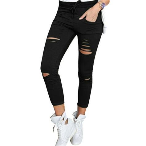 canis women fashion skinny ripped holes jeans pants high waist stretch slim pencil trousers