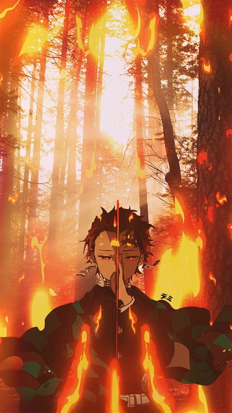 Tanjiro Kamado Anime Asesino De Demonios Fuego Bosque Kimetsu No Yaiba Fondo De Pantalla