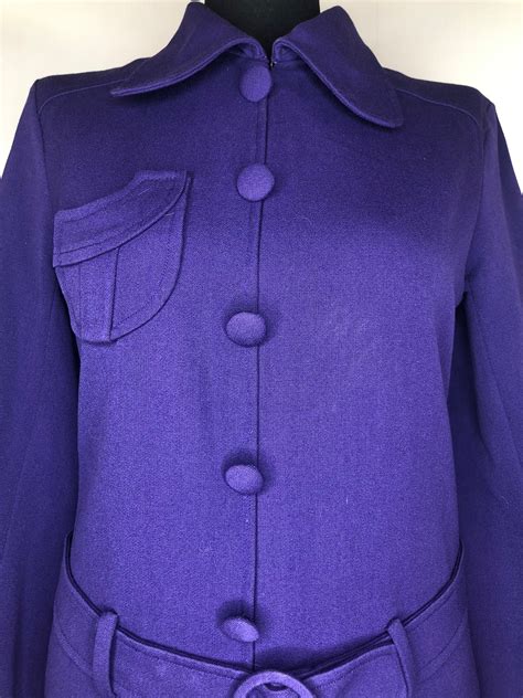 Vintage 1960s Beagle Collar Belted Mod Dress In Purple Size Uk 12