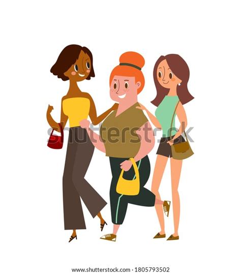 Three Happy Friends Walking Together Multicultural Stock Vector