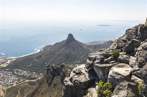 View On Lions Head From The Top Of Table Mountain In Cape Town Stock