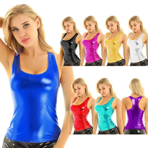 Women Shiny Metallic Sleeveless T Shirt Camisole Vest Crop Tank Tops Blouse Club Ebay