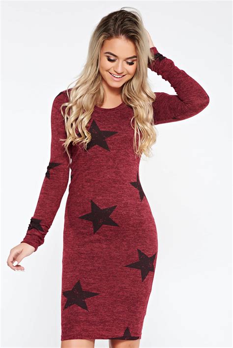 Prettygirl Burgundy Casual Pencil Knitted Dress With Print Details