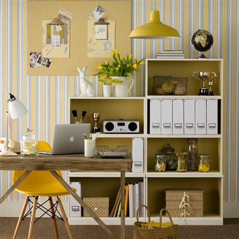 Neutral Home Office With Yellow Accents Yellow And Grey Decorating
