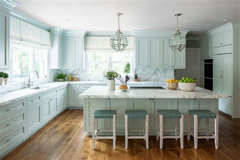 This light green color works well in any kitchen, but looks particularly great when paired with a light brick wall and black stove. Backless Blue Leather and Wood island Stools ...