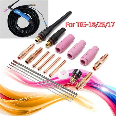 19Pcs TIG Welding Torch Nozzle Cups Collets Body Kit With Tungsten