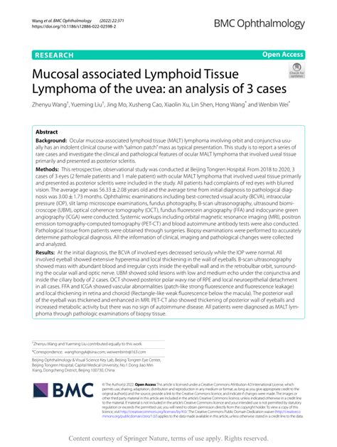 Pdf Mucosal Associated Lymphoid Tissue Lymphoma Of The Uvea An