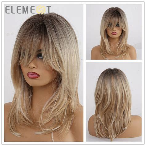 element long dark root ombre highlights blonde hair wigs with bangs for women ebay