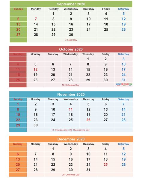Calendar 2020 September October November December As Word Pdf Image