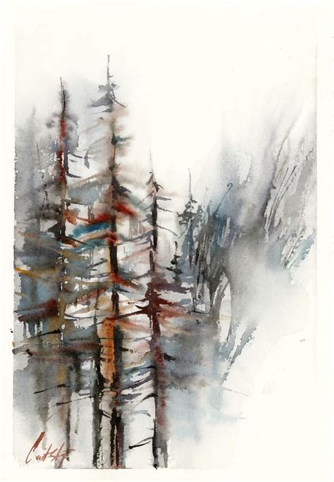 Forest Original Watercolor Painting Pine Trees Abstract Realism