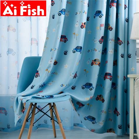 Blue American Style Cartoon Car Printing Curtains For Bedroom Children