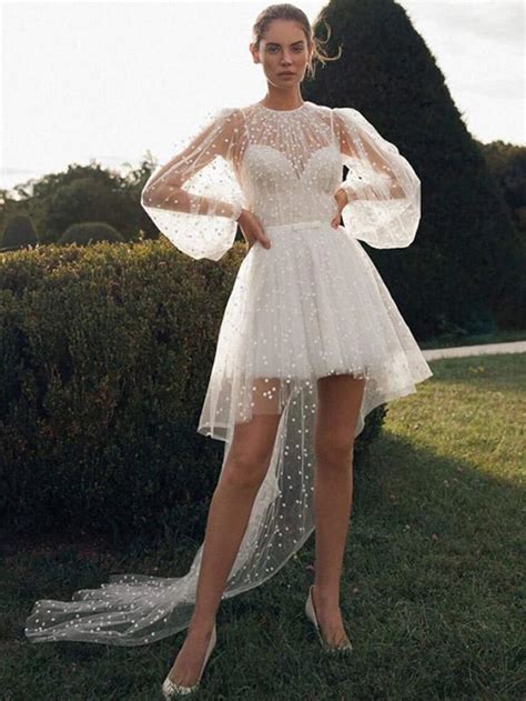 Short Wedding Dress Jewel Neck Long Sleeves A Line Asymmetrical Bridal Dresses Power Day Sale
