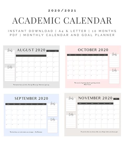 Printable Academic Calendar 20202021 Student Planner Etsy