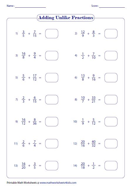 Fractions With Different Denominators Worksheet