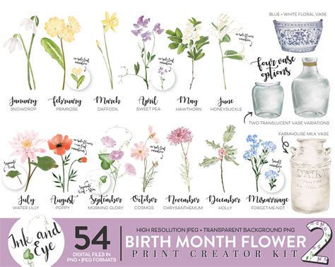 Birth Month Flower Printable Clipart Watercolor Floral Png Etsy